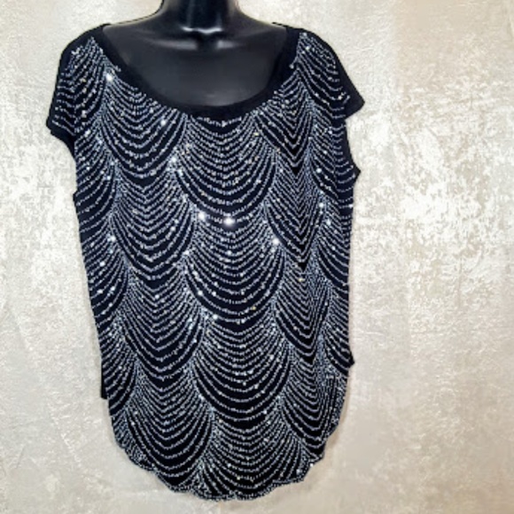 dress barn sequin tops Dressbarn-Top 2X-Bell Sleeves-Tunic-Sequin Centerpiece in Front-Made in USA